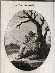 Allegorie der Armut, die am Fuß eines trockenen Baumes sitzt, der in kargem Gelände wächst. Ihre Füße und Hände sind gefesselt und sie versucht, ihre Fesseln mit den Zähnen zu lösen. Gravur in „Iconologie oder Ideen aus dem Gebiete der Leidenschaften und A von Austrian School