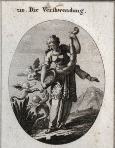 Allegorie der Verschwendung. Sie ist mit einer Augenbinde dargestellt und schüttelt ein Füllhorn, aus dem Silber und Schmuck fallen, die Harpyien gierig an sich reißen. Gravur in „Iconologie oder Ideen aus dem Gebiete der Leidenschaften und Allegorien bild