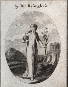 Allegorie der Reinheit. Ihre Attribute sind die Taube und die Lilie, Symbole der Unschuld. Gravur in „Iconologie oder Ideen aus dem Gebiete der Leidenschaften und Allegorien bildlich dargestellt für Zeichner, Maler, Dichter, Gelehrte, Erzieher und Freunde 