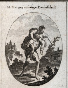 Allegorie der gegenseitigen Freundschaft. Ein Blinder wird von der Stimme eines verstümmelten Mannes auf seinen Schultern geführt. Gravur in „Iconologie oder Ideen aus dem Gebiete der Leidenschaften und Allegorien bildlich dargestellt für Zeichner, Maler, 