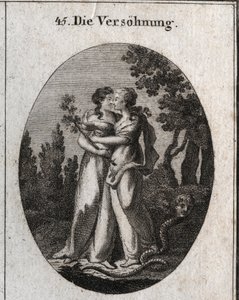 Allegorie der Versöhnung, gekennzeichnet durch zwei Frauen, die sich küssen. Eine hält einen Olivenzweig, Symbol des Friedens, und die andere tritt eine Schlange mit menschlichen Gesichtern, Emblem des Betrugs und der Bosheit, unter ihre Füße. Gravur in „I