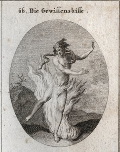 Allegorie des Gewissensbisses, umgeben von brennenden Flammen mit einer Schlange, die ihr Herz stiehlt. Gravur in „Iconologie oder Ideen aus dem Gebiete der Leidenschaften und Allegorien bildlich dargestellt für Zeichner, Maler, Dichter, Gelehrte, Erzieher