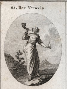 Allegorie der Zurechtweisung. Sie lernt, ein Buch zu schallen, das den unschönen Klang zurechtweisender Worte betont, die mit Vorsicht gehandhabt werden, wie die menschliche Zunge in der anderen Hand zeigt. Gravur in „Iconologie oder Ideen aus dem Gebiete 