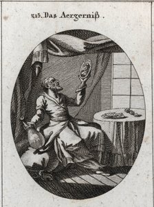Allegorie des Skandals. Er hält in einer Hand eine Flasche und in der anderen ein Porträt einer jungen Frau und steht in der Nähe eines Tisches, auf dem Spielkarten und Spiele liegen. Gravur in „Iconologie oder Ideen aus dem Gebiete der Leidenschaften und 
