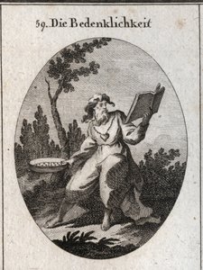 Allegorie der Skrupel, dargestellt durch einen alten Mann mit einer Goldkette, an der ein Herz als Emblem der Unschuld und des guten Rates befestigt ist. Er hält einen Kalender, den er sorgfältig betrachtet, und ein Sieb, das das Attribut der Unterscheidun