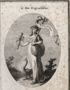 Allegorie der Selbstliebe dargestellt als junge Frau, die einen Beutel schließt, der ihre Fehler symbolisiert, mit einem Stab, auf dem die griechische Übersetzung „Philautia“ eingraviert ist. Attribute: der Pfau, der das Rad schlägt, und die Narzissenblume