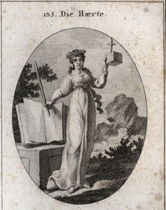 Allegorie der Strenge, gekrönt mit einem Eichenast, Attribut der Stärke. Sie stützt sich auf ein Gesetzbuch und hält eine Eisenstange. Der Würfel, in dem ein Dolch steckt, zeigt ihre Nähe und Unnachgiebigkeit. Gravur in „Iconologie oder Ideen aus dem Gebie