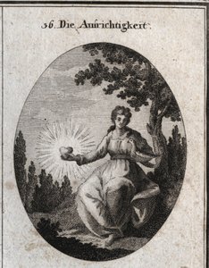 Allegorie der Aufrichtigkeit, die eine Taube an ihre Brust hält und ein strahlendes Herz präsentiert. Gravur in „Iconologie oder Ideen aus dem Gebiete der Leidenschaften und Allegorien bildlich dargestellt für Zeichner, Maler, Dichter, Gelehrte, Erzieher u von Austrian School