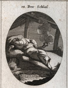 Allegorie des Schlafens auf einem Bett aus Ebenholz, in dessen Nähe ein Bach fließt. Er hält einen schwarzen und polierten Kegel, aus dem Dampf aufsteigt, der Träume bedeutet. Gravur in „Iconologie oder Ideen aus dem Gebiete der Leidenschaften und Allegori