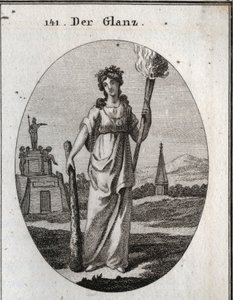 Allegorie der Pracht. Der Knüppel, auf den sie sich stützt, ist das Symbol der Tugenden. Die Kette und die Goldmedaille sind die Belohnung. Die Fackel des Lichts ist das Licht für schöne Taten. Gravur in „Iconologie oder Ideen aus dem Gebiete der Leidensch
