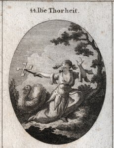 Allegorie der Dummheit, personifiziert durch eine lächerliche Frau, die eine Kartenrolle hält, die sich im Wind dreht und lacht, worüber sie lacht. Gravur in „Iconologie oder Ideen aus dem Gebiete der Leidenschaften und Allegorien bildlich dargestellt für 
