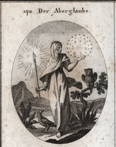 Allegorie des Aberglaubens. Sie hält eine Kerze und einen Kreis von Sternen, der die Zeichen der sieben Planeten umgibt, die sie als ängstlich betrachtet. Ihre Attribute sind die Eule und die Krähe. von Austrian School