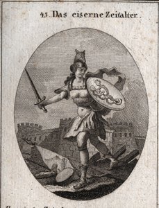 Allegorie des Eisernen Zeitalters, das durch Gewalt, schlechten Glauben und Verrat gekennzeichnet ist. Von wildem Aussehen, ist sie mit einem Helm in Form eines Wolfskopfes bewaffnet, hält ein Schwert und einen Schild, auf dem Betrug und Laster dargestellt