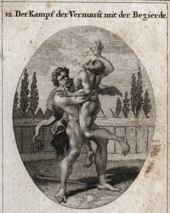 Allegorie des Kampfes zwischen Vernunft und Appetit. Der irdische und fleischliche Appetit wird durch Ante dargestellt und Herkules (Herakles) symbolisiert Vernunft, Stärke und Mut, die Ante wegnehmen und ersticken. Gravur in „Iconologie oder Ideen aus dem