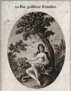Allegorie des goldenen Zeitalters, dargestellt mit einem Füllhorn voller Früchte, sitzend neben einem Olivenbaum, Symbol des Friedens, in dessen Mitte ein Bienenschwarm ist. Gravur in „Iconologie oder Ideen aus dem Gebiete der Leidenschaften und Allegorien von Austrian School