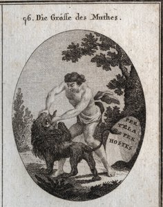Allegorie der Größe des Mutes, dargestellt durch einen robusten Mann, der das Maul eines Löwen öffnet, um ihm die Zunge herauszureißen. Sein Attribut ist ein Schild, auf dem „Per tela, per hostes“ (Durch Waffen, durch den Feind) steht. Gravur in „Iconologi
