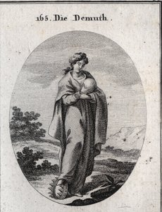 Allegorie der Demut. Unter ihrem Fuß eine Krone aus Gold, bereichert mit Edelsteinen. Sie verachtet eine Kugel, die die Erde darstellt, deren Größe sie nicht beeindruckt. von Austrian School