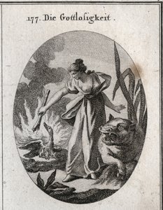Allegorie der Gottlosigkeit, die eine Fackel hält, mit der sie einen Pelikan in seinem Nest mit seinen Jungen verbrennt. Ihr Attribut ist das Nilpferd. Gravur in „Iconologie oder Ideen aus dem Gebiete der Leidenschaften und Allegorien bildlich dargestellt 