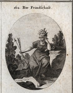 Allegorie der Feindschaft mit einem Helm, der mit Eisenspitzen besetzt ist. Ihr Kleid ist mit Flammen übersät. Die beiden Pfeile, die sie in entgegengesetzte Richtungen hält, sind Synonyme für Widerspruch. Gravur in „Iconologie oder Ideen aus dem Gebiete d