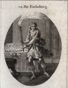 Allegorie der Einladung als junger Mann mit lachendem Gesicht, der zu einem mit Gerichten bedeckten Tisch einlädt. Die Fackel, die er hält, ist das Attribut von Comus, dem Gott der Feste und Nachtpartys. Gravur in „Iconologie oder Ideen aus dem Gebiete der