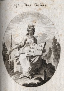 Allegorie des Gesetzes. Ihr strahlendes Diadem markiert ihren göttlichen Ursprung. Das Zepter zeigt ihre Autorität und das Buch ist offen oder mit „In Legibus Salus“ beschriftet, was bedeutet, dass es denen, die ihm gehorchen, eine Belohnung verspricht.