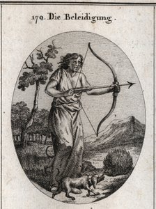 Allegorie des Vergehens, das dabei ist, einen Pfeil zu entschlüsseln und dessen Kleidung mit Zungen und Messern gefüllt ist. Angriff durch Hunde auf den Igel, der seine Pfeile wirft, bedeutet den Zwang, das Vergehen durch Vergehen zu erwidern. Gravur in „I