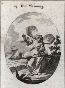 Allegorie der Meinung, dargestellt beim Lesen eines Buches, aus dem sie zu unterstützen scheint. Schmetterlingsflügel an den Schultern und Handgelenken markieren die Instabilität der Menschen in ihren Meinungen. Im Hintergrund wird ein Schiff von den Welle