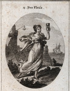 Allegorie der Fleißigkeit, die schnell geht. Ihre Attribute sind die Sanduhr und der Sporn, Symbol der Aktivität und Genauigkeit. Gravur in „Iconologie oder Ideen aus dem Gebiete der Leidenschaften und Allegorien bildlich dargestellt für Zeichner, Maler, D