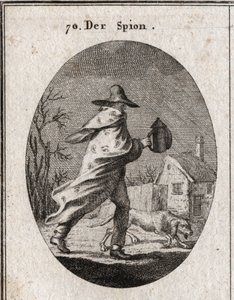 Allegorie des Spions. Sein Mantel ist mit Augen und Ohren übersät und hält eine taube Laterne. Ein Brackhund schnüffelt das Gelände. Gravur in „Iconologie oder Ideen aus dem Gebiete der Leidenschaften und Allegorien bildlich dargestellt für Zeichner, Maler