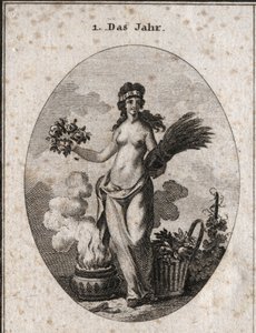Allegorie des Jahres, umgeben von Symbolen der vier Jahreszeiten (Blumenkranz für den Frühling, Weizenkranz für den Sommer, Korb mit Trauben für den Herbst und Vase mit Feuer für den Winter). Das Jahr ist halb entkleidet in Bezug auf die Grade von Hitze un