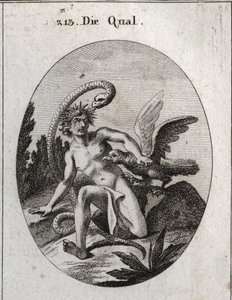 Allegorie der Qual. Ihr Kopf ist von Dornen umgeben, was die Qualen des Geistes bedeutet. Die Schlange sagt, dass die Angst vor der Gefahr sie noch furchterregender macht. Ein Geier frisst ihr Herz. Gravur in „Iconologie oder Ideen aus dem Gebiete der Leid