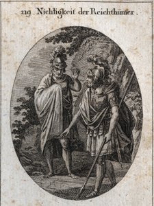 Allegorie der Eitelkeit des Reichtums: Kaiser Konstantin der Große zeichnet mit seinem Speer einen menschlichen Körper auf die Erde und sagt: „Wenn du alle Reichtümer der Welt erlangen würdest, bliebe am Ende nur dieser Raum übrig, wenn er dir gewährt würd von Austrian School