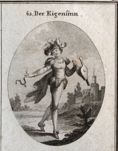Allegorie der Laune. Sein Kostüm und seine Federn zeigen die Unbeständigkeit der Launen des Launischen. Die Blasebalg und der Sporn, die er hält, zeigen, dass er sowohl Tugend als auch Laster gleichgültig lobt. Gravur in „Iconologie oder Ideen aus dem Gebi