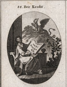 Allegorie des Kredits, die ein Buch mit der Inschrift „Solutus omni foenore“ (Frei von allen Schulden) hält. Im Hintergrund ein Greif, Symbol der Bewahrung und Erhaltung der Schätze. Gravur in „Iconologie oder Ideen aus dem Gebiete der Leidenschaften und A