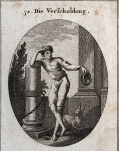 Allegorie der Schulden. Der Hase und die grüne Kappe, die er hält, sowie die Kette, die an der ruinierten Säule befestigt ist, sind die Embleme, die anzeigen, dass der Schuldner immer Angst hat, dass der Insolvente ihm seine Ehre oder Freiheit nimmt. Gravu von Austrian School