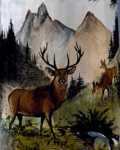 Hirsch auf Wiese, Detail von Glas- und Klaremaillebecher, Österreich