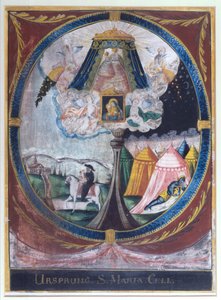 Darstellung des Mönchs Magnus, der die wundertätige Holzstatue der Jungfrau Maria 1157 nach Mariazell bringt, und der Erscheinung der Jungfrau Maria vor einem schlafenden Ritter von Austrian School