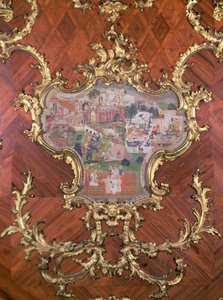 Detail der Täfelung mit persischen Miniaturen eines Lustgartens mit feiernden Menschen aus dem Millionen-Zimmer, entworfen von Nikolaus Pacassi (1716-99) (vergoldetes Feigenholz)