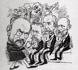 Emile Zola versucht, die Schlösser zu öffnen, die die Münder von Präsidenten Jean Casimir-Perier (1847-1907) und Felix Faure (1841-1899) sowie des Präsidenten des Rates Jules Meline (1838-1925) verschließen, während im Hintergrund Henri Rochefort (1831-191