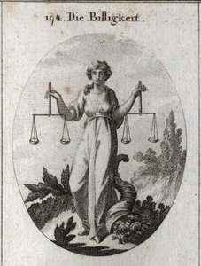 Allegorie der Gerechtigkeit, die zwei Waagen auf gleicher Höhe hält. Ihr Attribut ist das Füllhorn, um zu zeigen, dass sie mit Güte belohnt, nachdem sie gerecht gerichtet hat. Gravur in „Iconologie oder Ideen aus dem Gebiete der Leidenschaften und Allegori von Austrian School