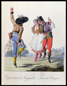 Ungarische Tänzer in traditioneller Kleidung, Illustration aus einem Buch Costumes de Pannonie von J.H. de Bikkesy, veröffentlicht in Wien, 1810