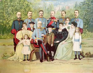 Mitglieder der österreichischen Kaiserfamilie um den Kaiser Franz Joseph I. (1830-1916) versammelt, um 1900 von Austrian School