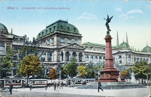 Postkarte mit der Universität Wien und dem Liebenberg-Denkmal, um 1915