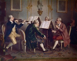 Streichquartett spielt ein Werk von Mozart (Kammermusik) (Lithographie)