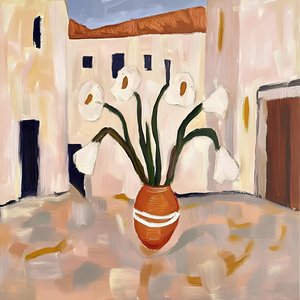 Terrakottatopf mit weißen Blumen