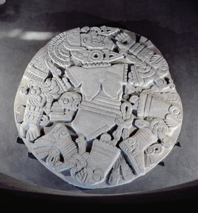 Schnitzerei der Zerstückelung der Mondgöttin Coyolxauhqui, gefunden am Fuß der Zwillingspyramide in Tenochtitlan, Späte Postklassische Periode (1300-1521)
