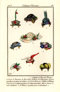 Hutdesigns für Frauen von der Modistin Marcelle Demay. Modeles de Marcelle Demay. Handkolorierte Pochoir-Radierung nach einer Illustration von B. Berty aus Tommaso Antonginis Journal des Dames et des Modes, Aux Bureaux du Journal des Dames, Paris von B Berty