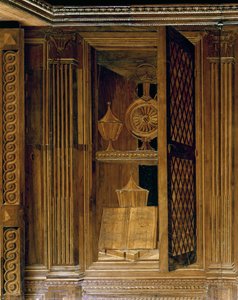 Intarsienverkleidung, die einen Schrank mit Gittertür darstellt, im Arbeitszimmer von Federigo da Montefeltro, Herzog von Urbino