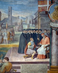 Bernard de Coucy, Rektor des Patrimoniums, übergibt der Stadt Viterbo das Banner der Kirche, Fresko von Baldassarre Croce von Baldassare Croce