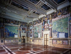 Königlicher oder Herkulessaal mit Fresken, Herkulessaal von Baldassare Croce, mythologische Szenen und historische Ereignisse der Stadt Viterbo, Holzdecke, Rathaus, ehemaliger Palazzo dei Priori, Viterbo, Latium, Italien